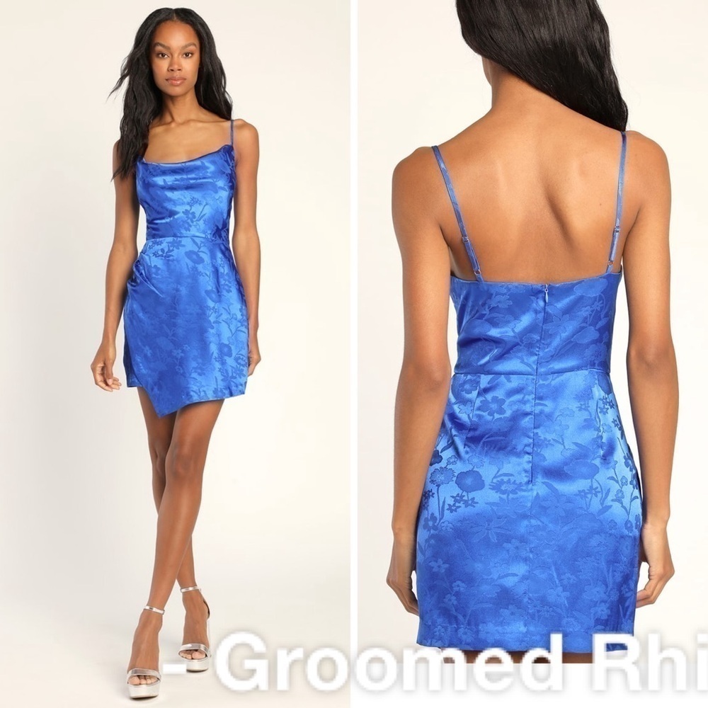 Lulus Fabulous Fun Royal Blue Satin Jacquard Faux Wrap Mini Dress Size L